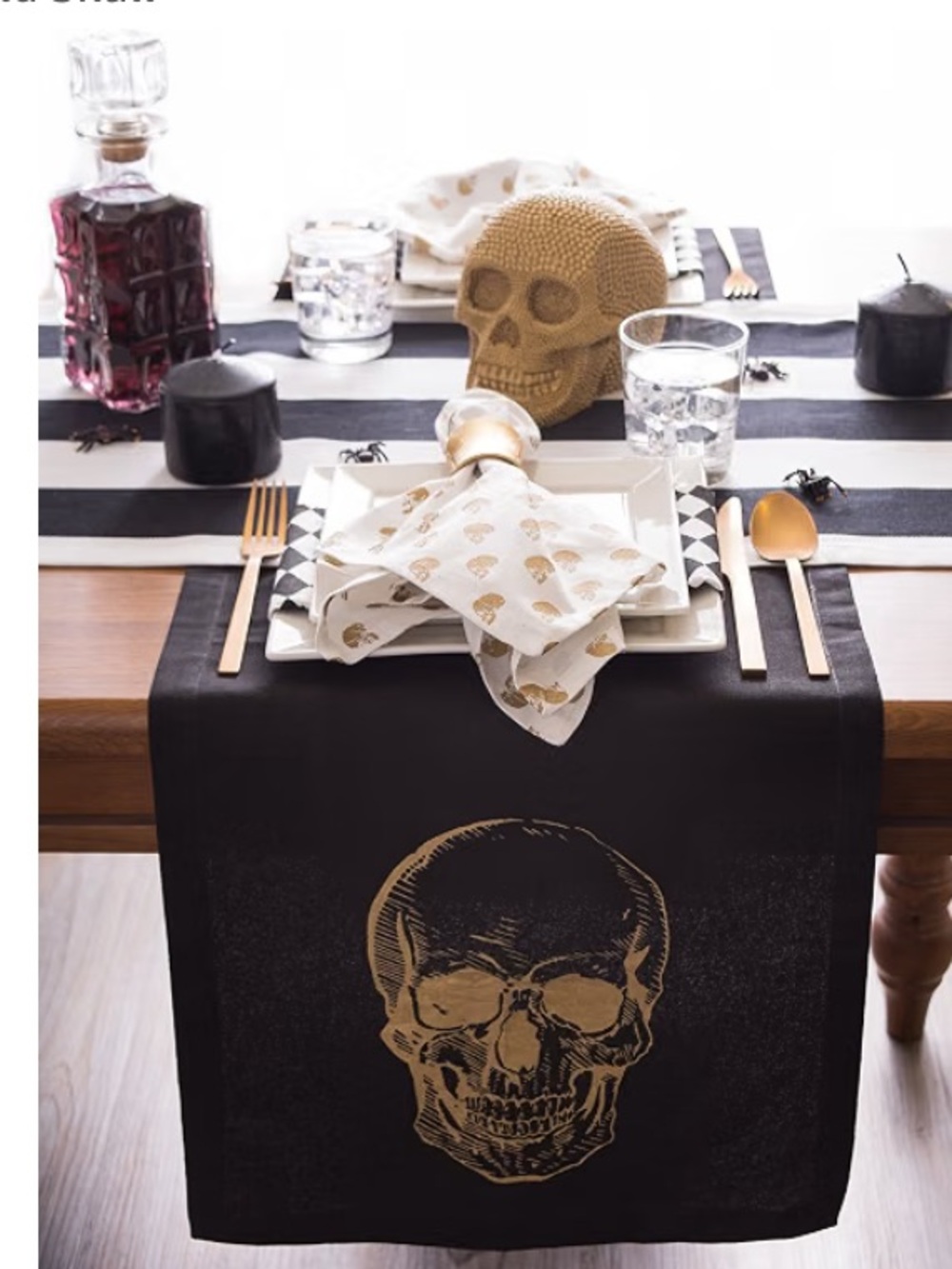 108” Table Runner - Gold Skull Graphic on Black Cotton Fabric